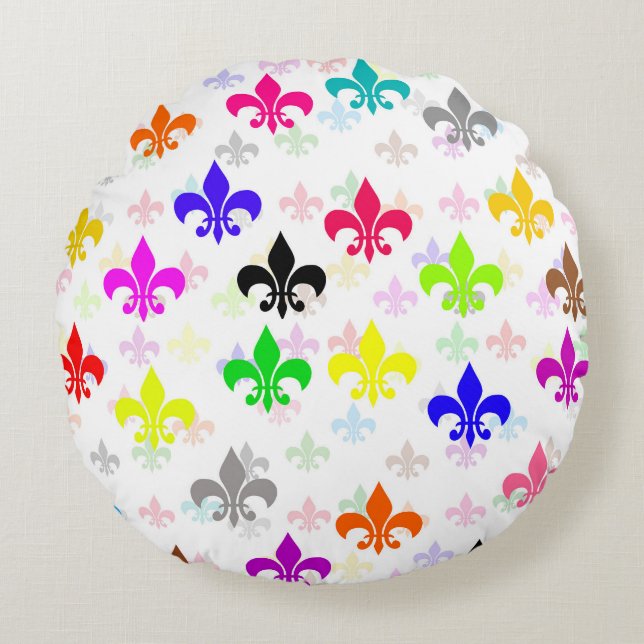 White Colourful Fleur-de-lis Pattern Design Round Pillow (Front)