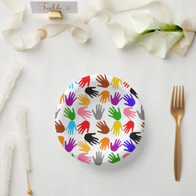 White Colourful Handprint Pattern Design  Paper Plate (Wedding)