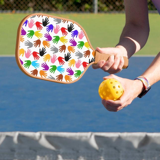 White Colourful Handprint Pattern Design  Pickleball Paddle (Insitu)