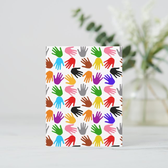 White Colourful Handprint Pattern Design  Postcard (Standing Front)