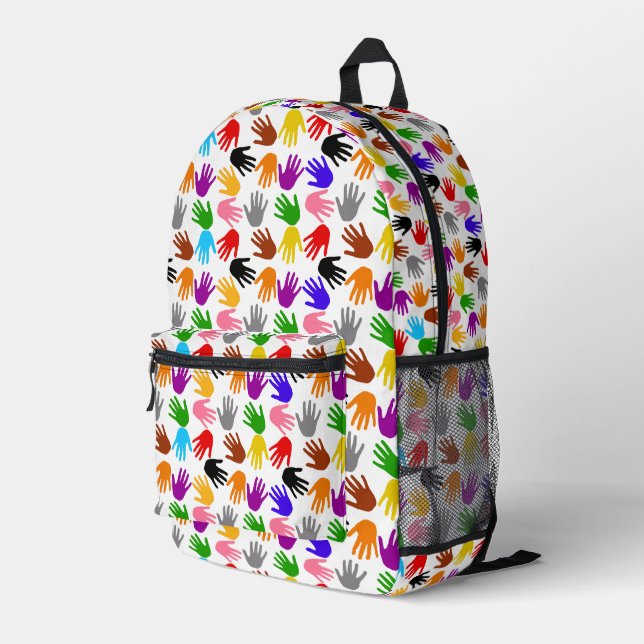 White Colourful Handprint Pattern Design  Printed Backpack (Back Corner Right)