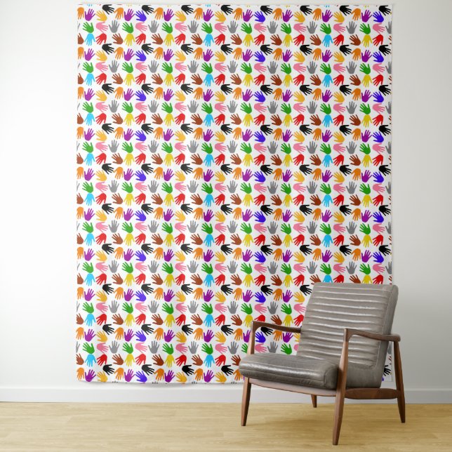 White Colourful Handprint Pattern Design  Tapestry (In Situ)