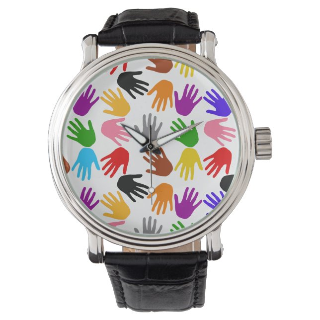 White Colourful Handprint Pattern Design  Watch (Front)