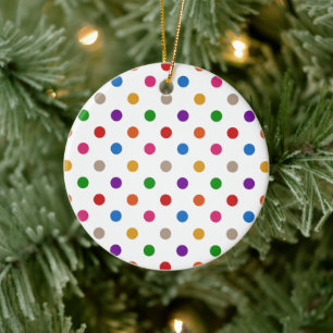 White Colourful Rainbow Polka Dots Design  Ceramic Ornament