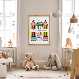 White Colourful Teacher Cartoon Pencil Poster