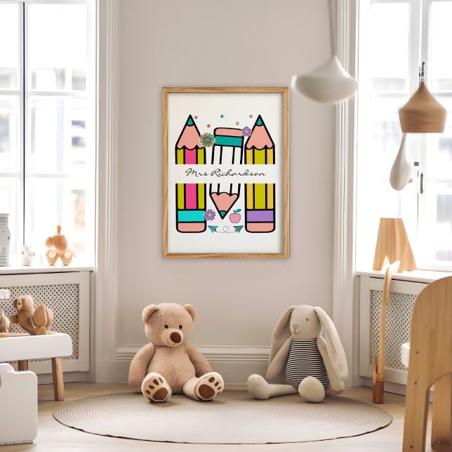 White Colourful Teacher Cartoon Pencil Poster (Creator Uploaded)