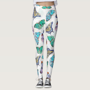 White Colourful Watercolor Butterflies Leggings