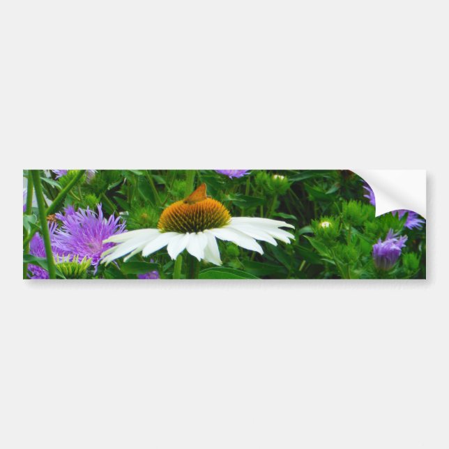 White Cone flower, purple flowers and moth Bumper Sticker (Front)