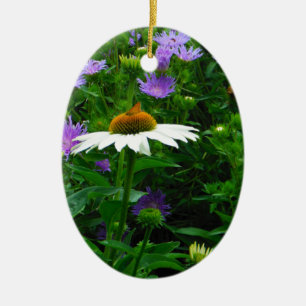 White Cone flower, purple flowers and moth Ceramic Ornament