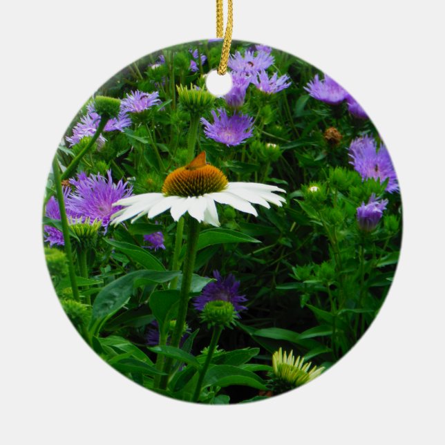 White Cone flower, purple flowers and moth Ceramic Ornament (Front)