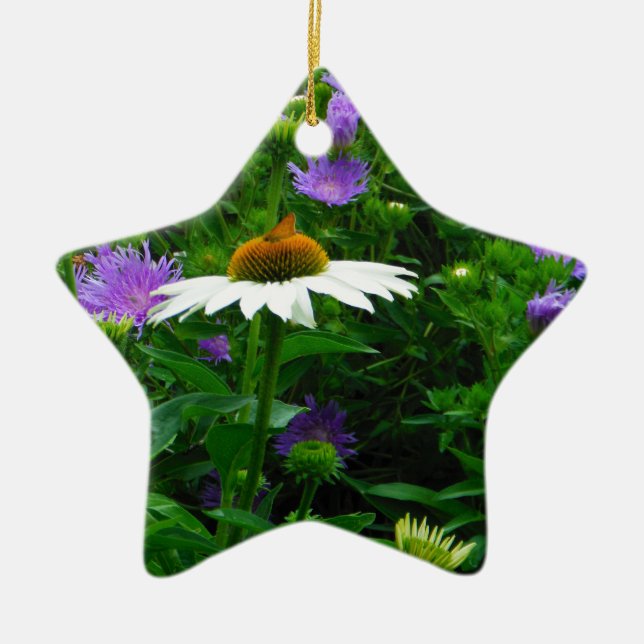 White Cone flower, purple flowers and moth Ceramic Ornament (Front)