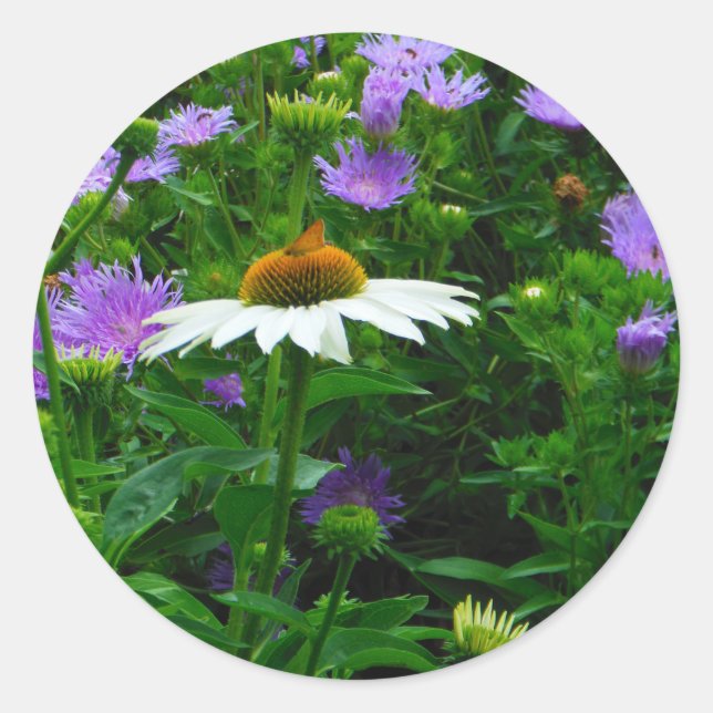 White Cone flower, purple flowers and moth Classic Round Sticker (Front)