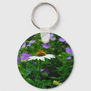 White Cone flower, purple flowers and moth Keychain