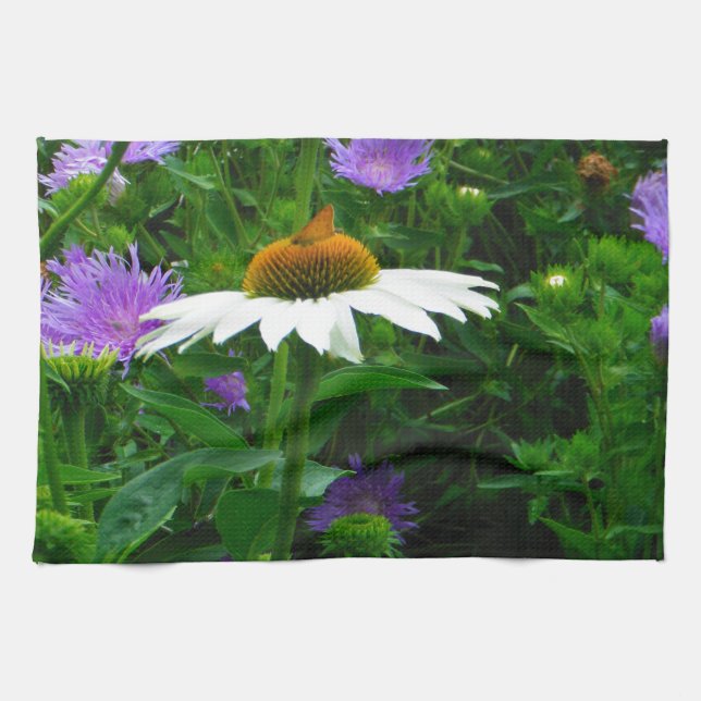 White Cone flower, purple flowers and moth Kitchen Towel (Horizontal)