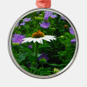 White Cone flower, purple flowers and moth Metal Ornament