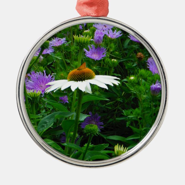 White Cone flower, purple flowers and moth Metal Ornament (Front)