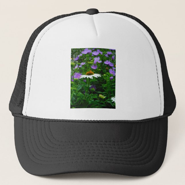 White Cone flower, purple flowers and moth Trucker Hat (Front)