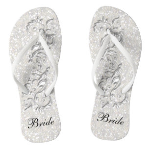 White Confetti Glitter & White Metallic Bride Flip Flops