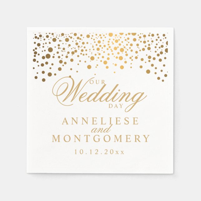 White & Confetti Gold Dots Our Wedding Day Napkin (Front)