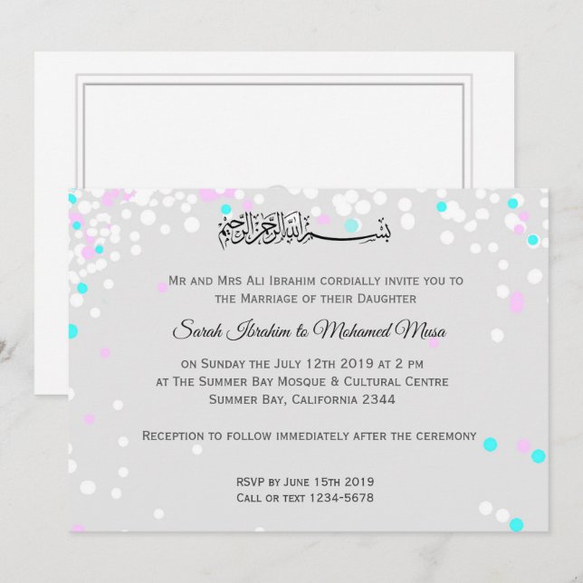 White confetti Muslim wedding Invitation (Front/Back)
