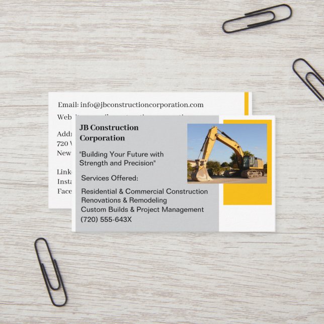 White  Contractor Yellow Construction  Bulldozer  Business Card (Front/Back In Situ)