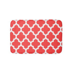 White & Coral Ikat Quatrefoil Pattern Bath Mat
