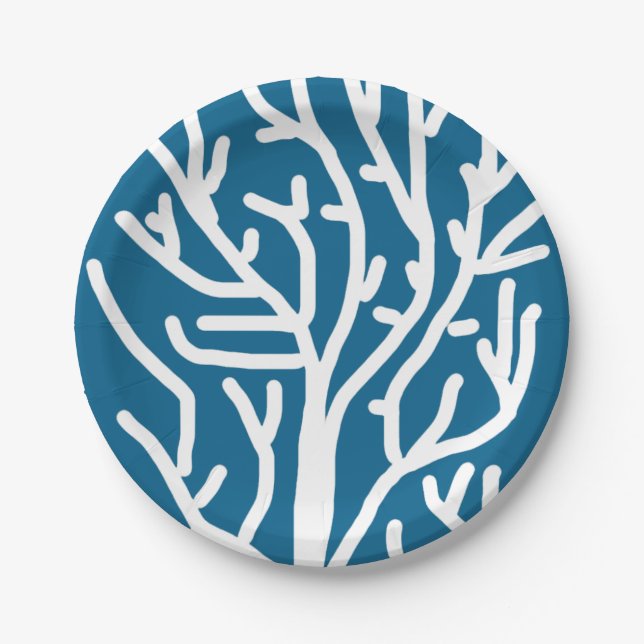 White coral on blue aquatic life paper plate (Front)