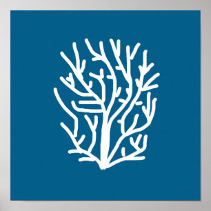 White coral on blue aquatic life poster
