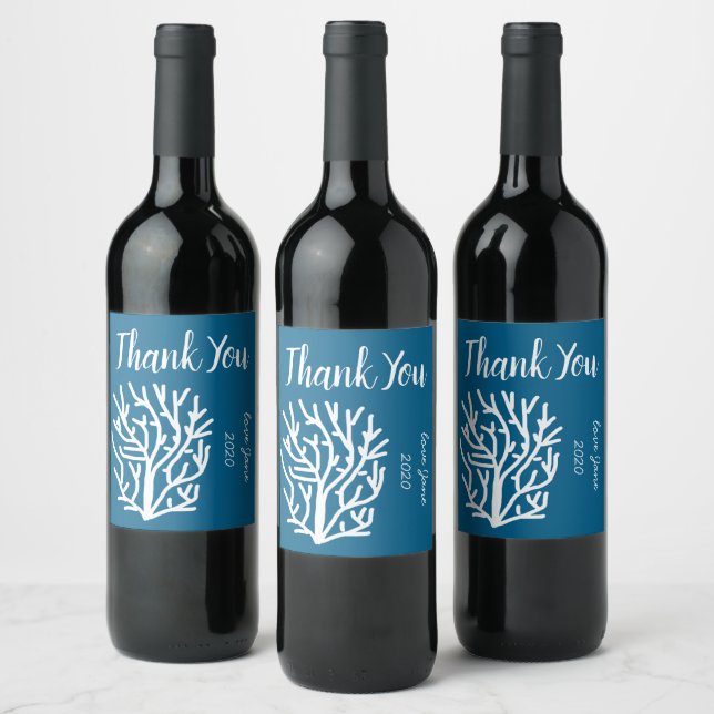 White coral on blue aquatic life wine label (Bottles)