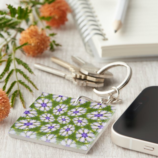 White Cornflowers Pattern Keychain (Front Right)