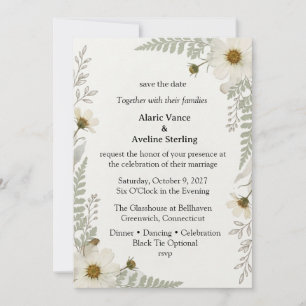 White Cosmos, Delicate Ferns, Watercolor Foliage, Invitation