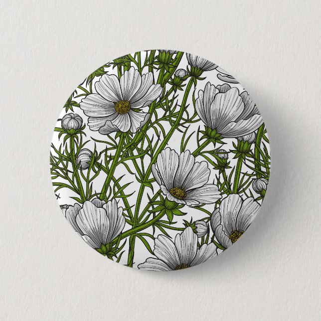 White cosmos flowers 2 inch round button (Front)