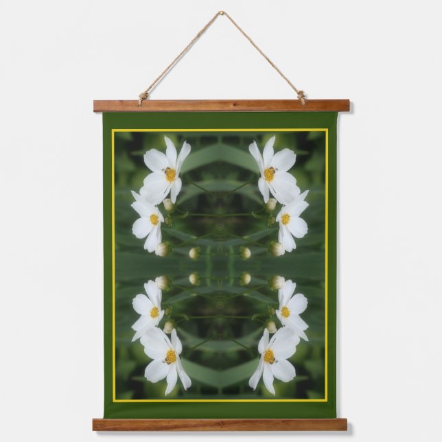 White Cosmos Flowers And Bee Abstract Hanging Tapestry (Front)