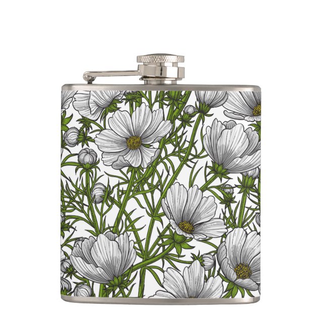 White cosmos flowers hip flask (Front)