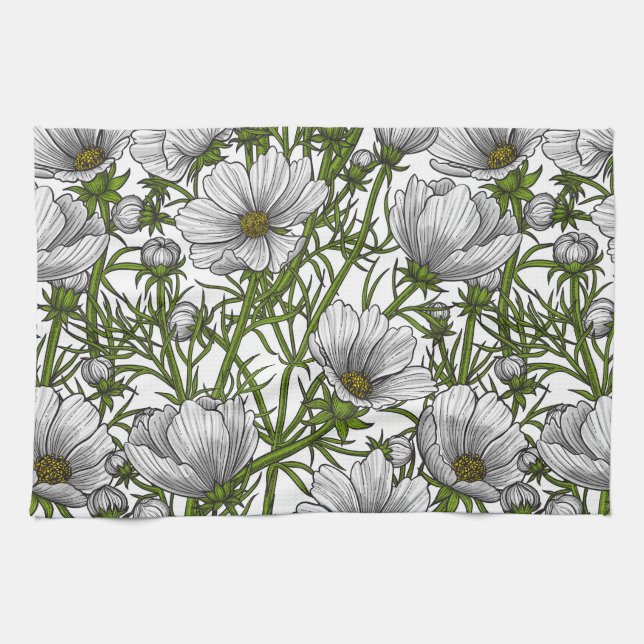 White cosmos flowers kitchen towel (Horizontal)