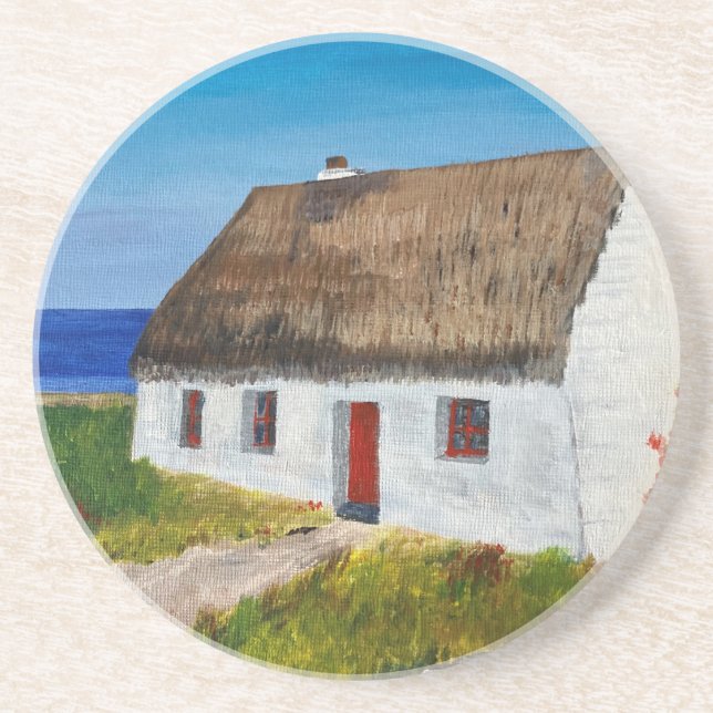 White Cottage overlooking the Sea  Coaster (Front)
