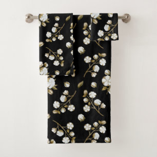 White Cotton Boll Stem Watercolour Pattern Black Bath Towel Set