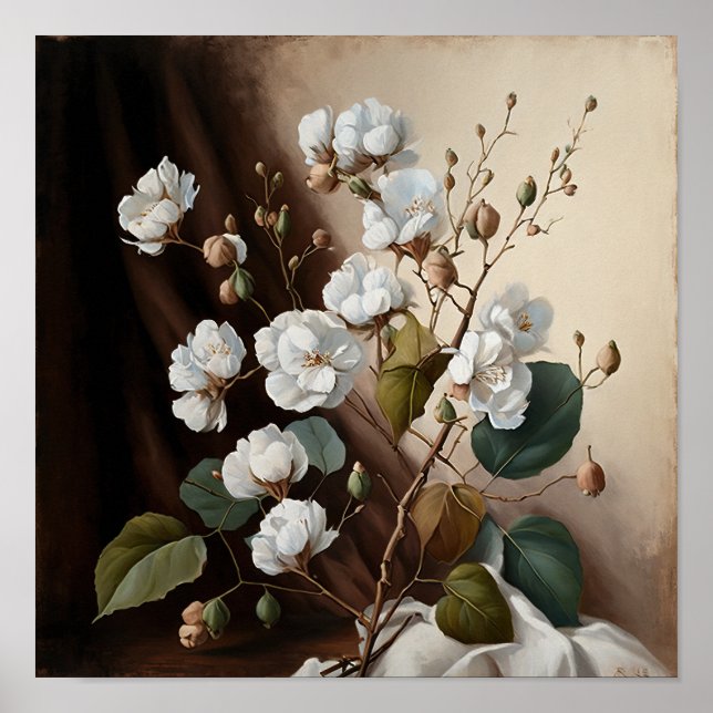 White Cotton Flowers Art Print Poster (Front)
