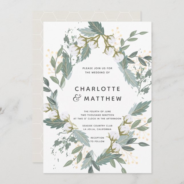 White Cotton Garden Diamond Botanical Wedding Invitation (Front/Back)