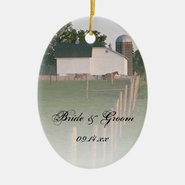 White Country Barn Wedding Ceramic Ornament (Front)