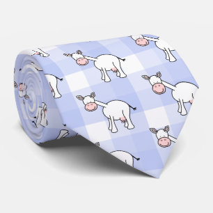 White Cow Cartoon. Blue gingham Background. Tie