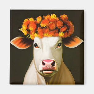 White Cow with Autumn Floral Crown Portrait Magnet