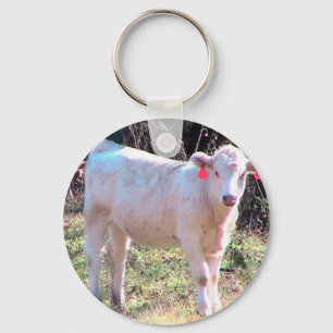 White Cow With Tagged Ears In A Wide Meadow Keychain