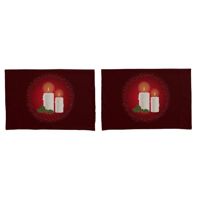 White Cozy Christmas Candles On Red With Holly Pillowcase (Front-Set)