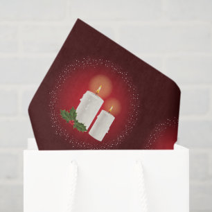 White Cozy Christmas Candles On Red With Holly Tissue Paper