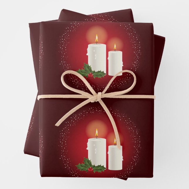 White Cozy Christmas Candles On Red With Holly Wrapping Paper Sheet (In situ)