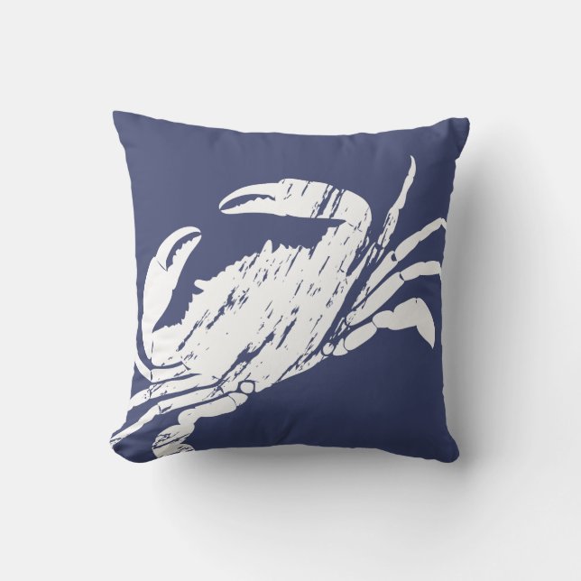 White Crab Surf Shack Nautical Blue Throw Pillow (Front)