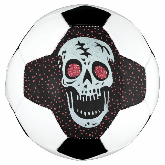 White Cracked Skull Red Glitter Look Eyes Dots Soccer Ball (Front)