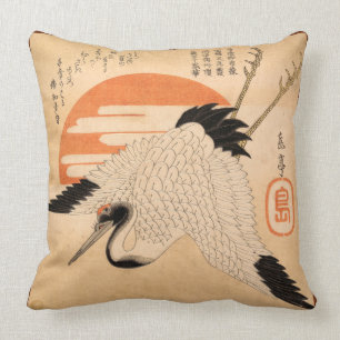 White Crane Flying across the Sun's Disc Throw Pillow