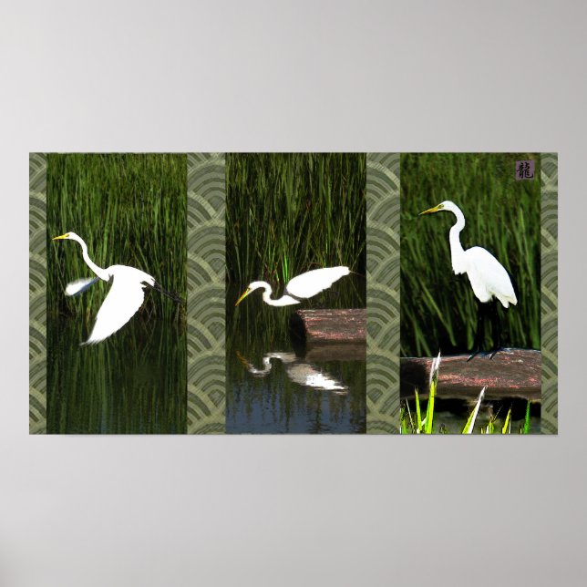 White Crane Triptych (Egret) Poster (Front)